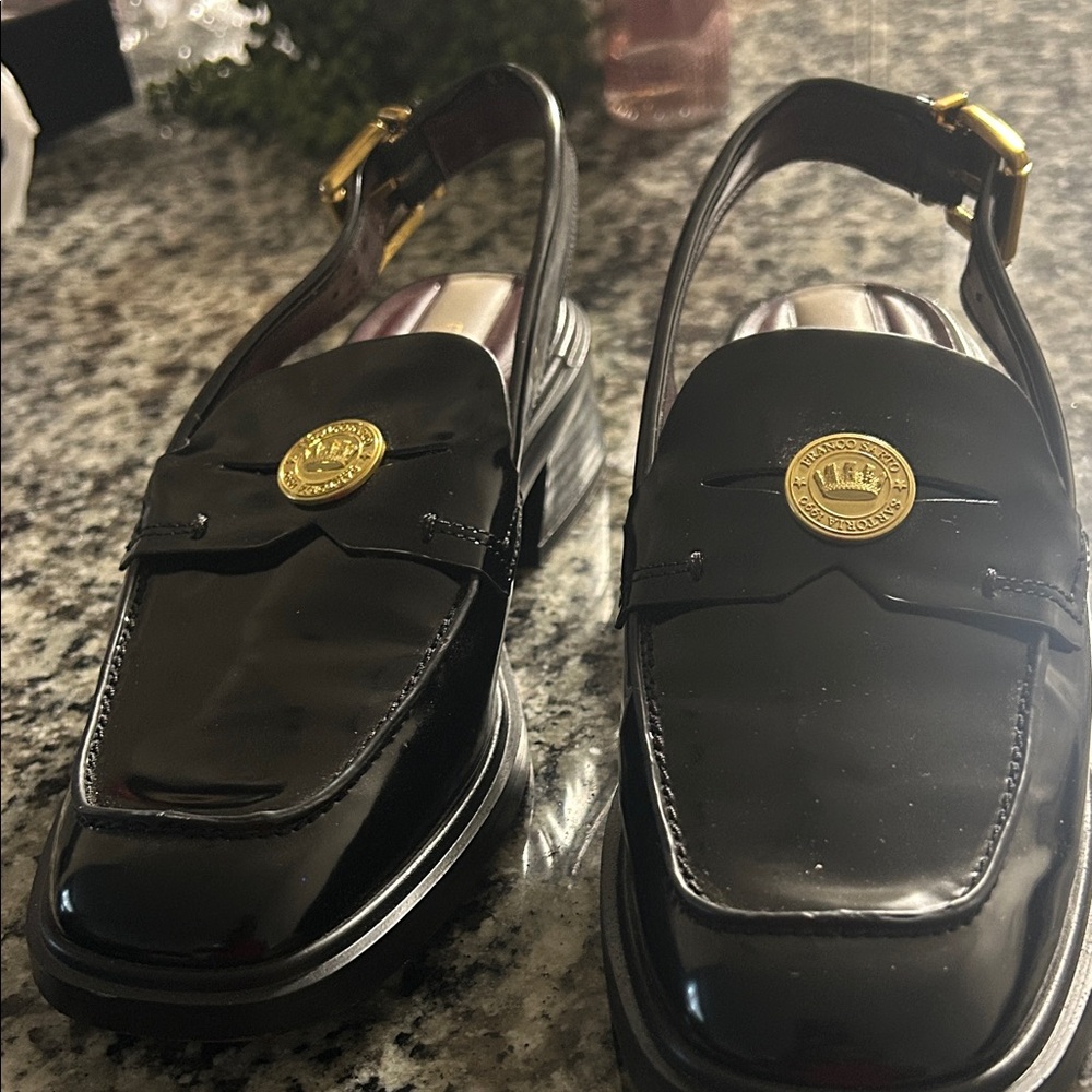 Franco Sarto Black Slingback Loafers with Gold Buckle